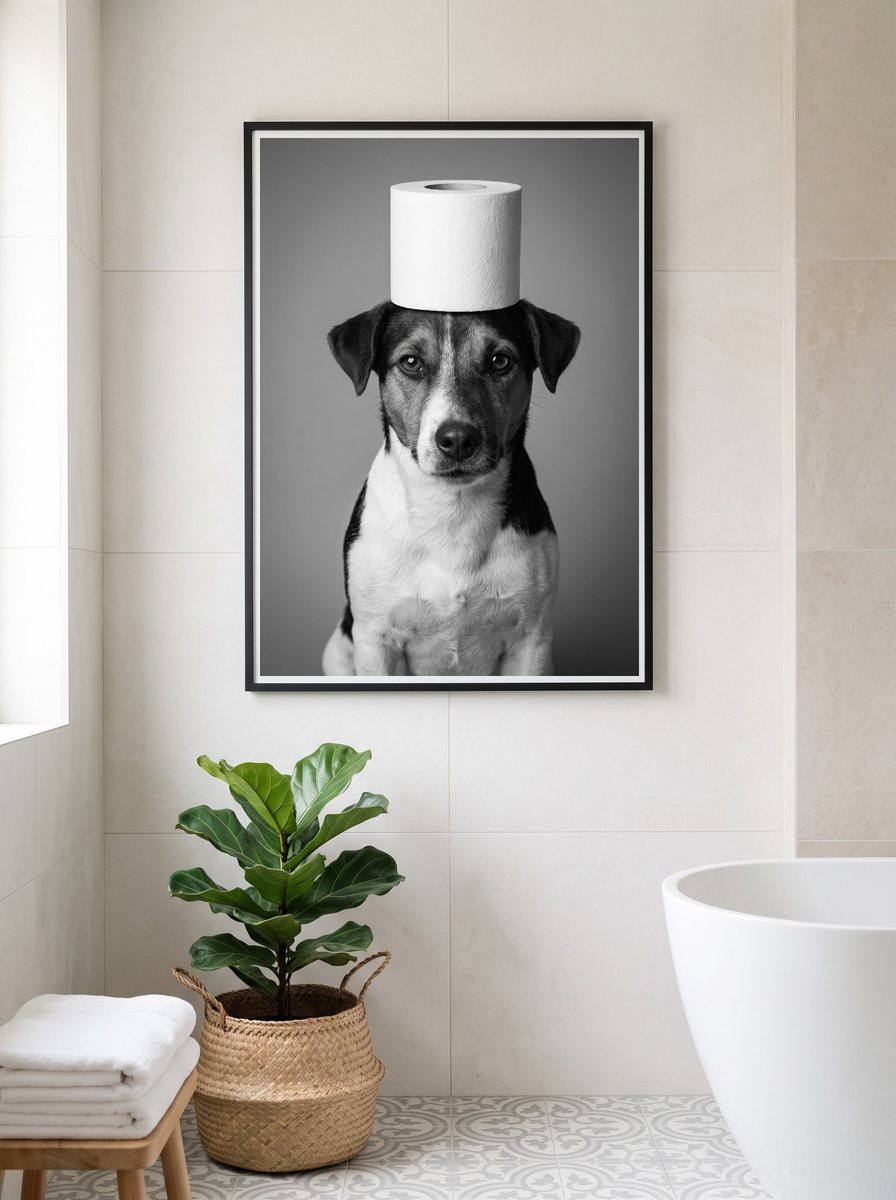 Un ritratto del set bagno incorniciato e appeso alla parete di un bagno chiaro